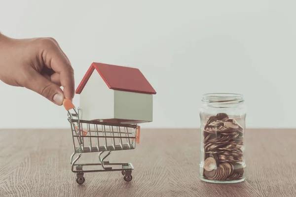 Cropped image of man holding small supermarket cart with house, saving concept — Stock Photo