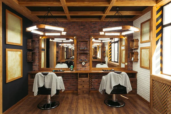 Moderno interior de barbería vacío con sillas, espejos y lámparas - foto de stock