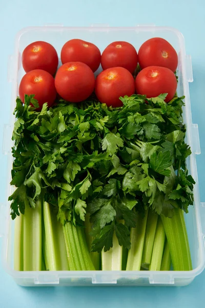 Vista de perto do recipiente de alimentos cheio de tomates frescos, salsa e aipo no fundo azul — Fotografia de Stock