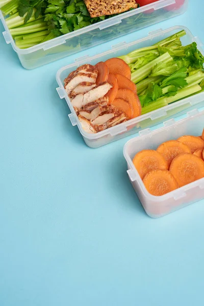 Vista de perto do arranjo de recipientes de alimentos com legumes saudáveis frescos e carne isolada em azul — Fotografia de Stock