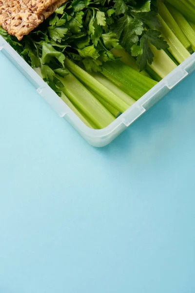 Vista de perto do recipiente de alimentos cheio de salsa saudável e aipo isolado em azul — Fotografia de Stock