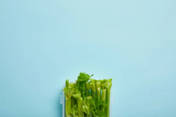 Draufsicht auf Lebensmittelbehälter voller gesunder Sellerie isoliert auf blauem Grund — Stockfoto