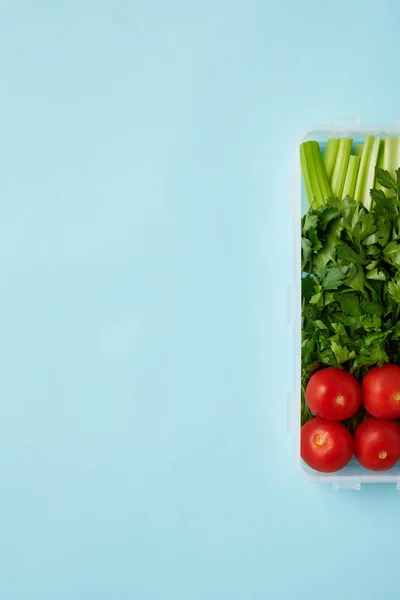 Vue du dessus du récipient alimentaire plein de légumes sains isolés sur bleu — Photo de stock