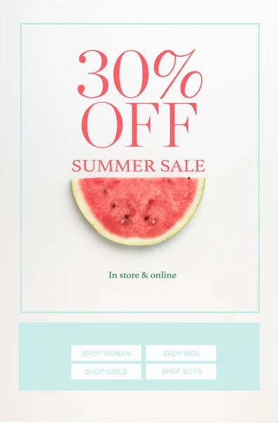 Top view of watermelon slice isolated on white with summer sale and 30 percents discount — Stock Photo