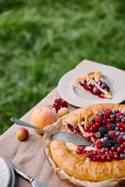 Вкусный ягодный пирог на столе в саду — стоковое фото