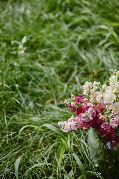 Букет квітів у скляній банці на зеленій траві — стокове фото