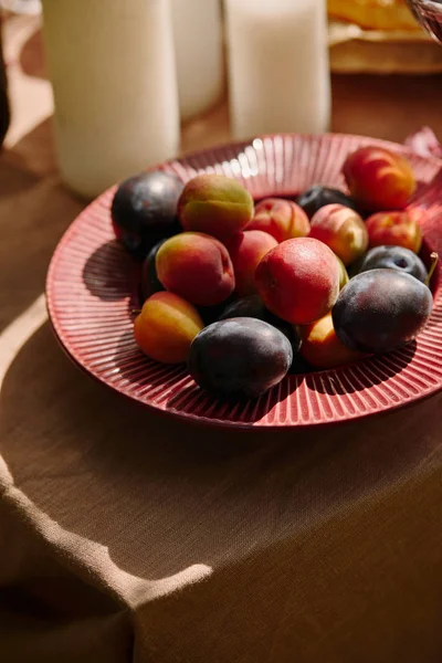 Organic plums on plate on table in garden — Stock Photo