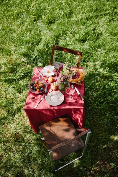 Vista ad angolo alto di tavolo con frutta e torta in giardino — Foto stock