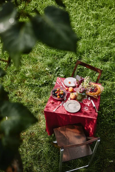 Vista de ángulo alto de la mesa con alimentos y bebidas en el jardín verde - foto de stock