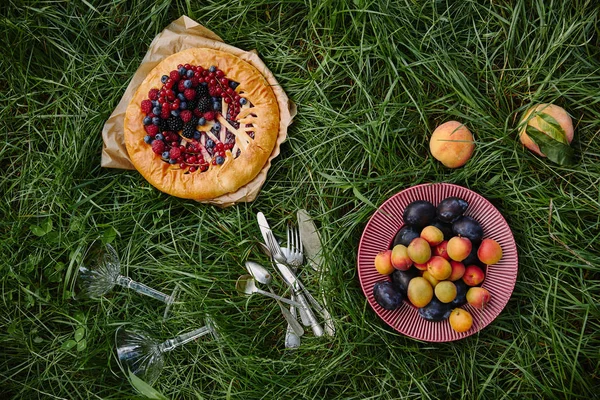 Vista elevada del pastel con bayas, plato con frutas y utensilios sobre hierba verde - foto de stock