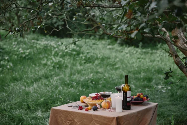 Velas, vino y frutas en la mesa en el jardín para una cena romántica - foto de stock