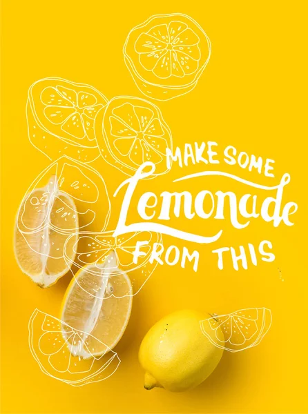 Two halves of lemon and single lemon isolated on yellow with 