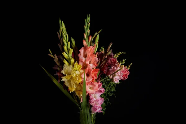 Ramo de hermosas flores de gladiolos rosa, rojo, amarillo y púrpura aisladas sobre fondo negro - foto de stock