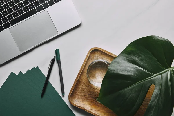 Ноутбук и зеленая бумага на деревянном подносе с водой и лист монстра на белом мраморном фоне — стоковое фото