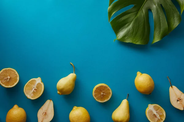 Top view of palm tree leaf, pears and lemons on blue surface — Stock Photo