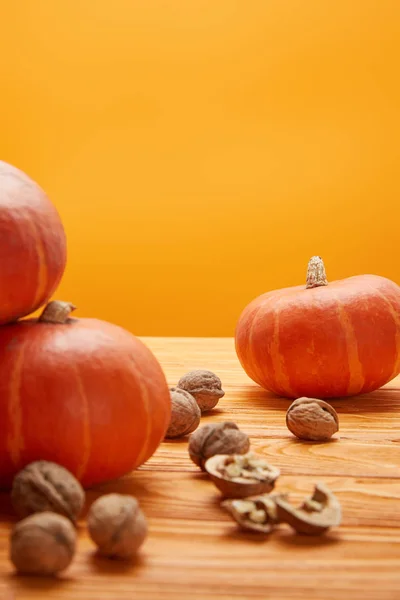 Close-up view of fresh ripe pumpkins and walnuts on wooden surface on orange background — Stock Photo