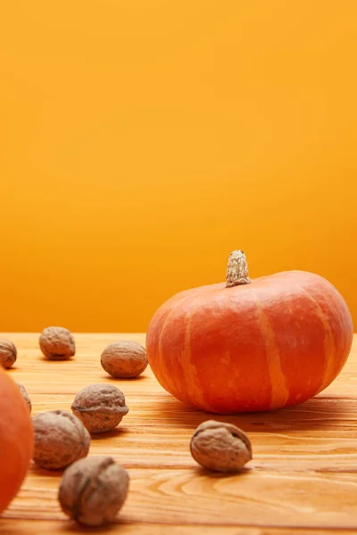 Fresh ripe pumpkins and walnuts on wooden surface on orange background — Stock Photo