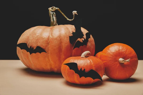 Three orange halloween pumpkins with paper bats on tabletop — Stock Photo