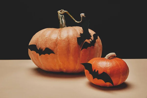 Duas abóboras laranja com morcegos de papel na mesa, conceito halloween — Fotografia de Stock