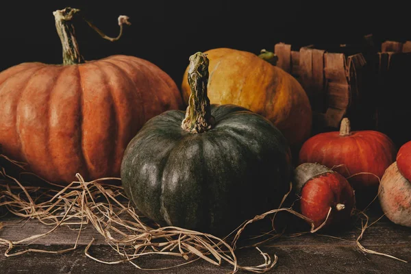 Calabazas en mesa de madera con heno, concepto de Halloween - foto de stock