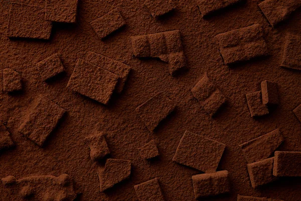 Vista dall'alto di gustosi pezzi di cioccolato e cacao in polvere — Foto stock