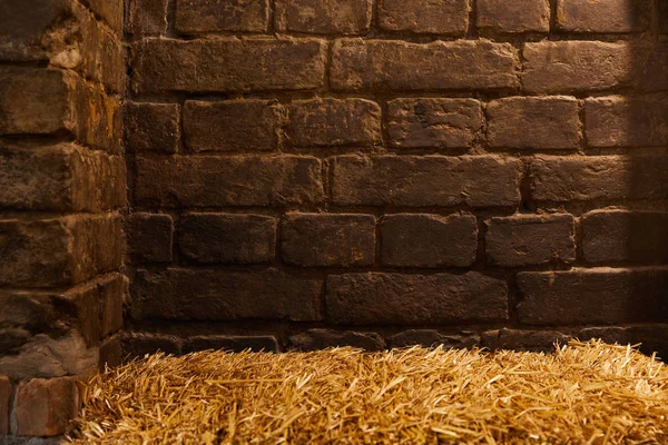 Rustic brick wall and straw for background — Stock Photo