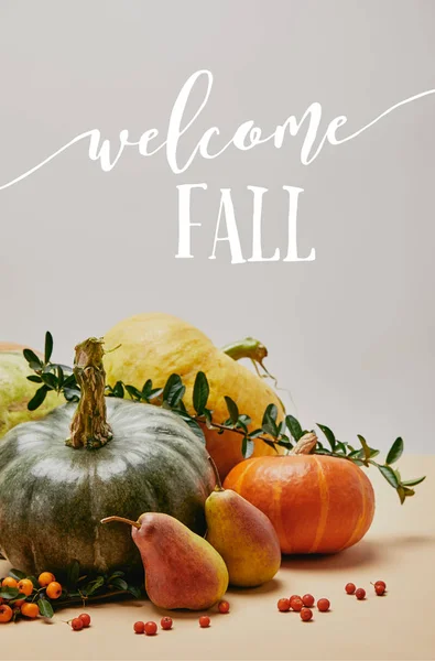 Herbstliche Dekoration mit Kürbissen, Feuerdornbeeren und reifen leckeren Birnen auf Tischplatte mit Willkommensschrift im Herbst — Stockfoto