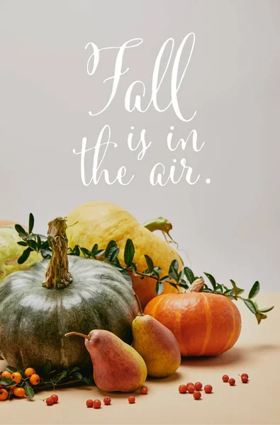 Herbstliche Dekoration mit Kürbissen, Feuerdornbeeren und reifen leckeren Birnen auf Tischplatte mit Herbst liegt in der Luft Schriftzug — Stockfoto