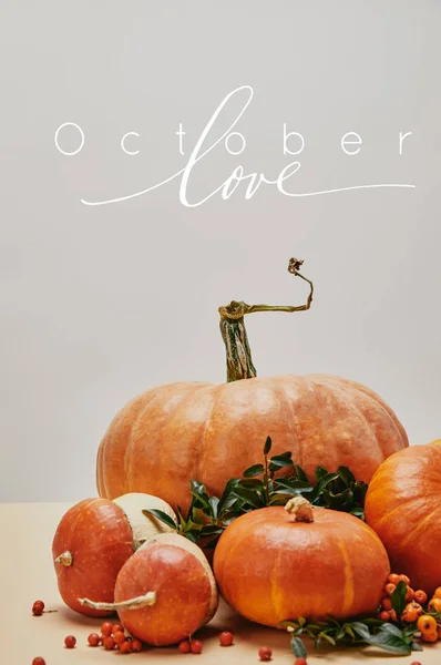 Schöne herbstliche Dekoration mit Kürbissen und Feuerdornbeeren auf dem Tisch mit Oktober-Liebesschrift — Stockfoto