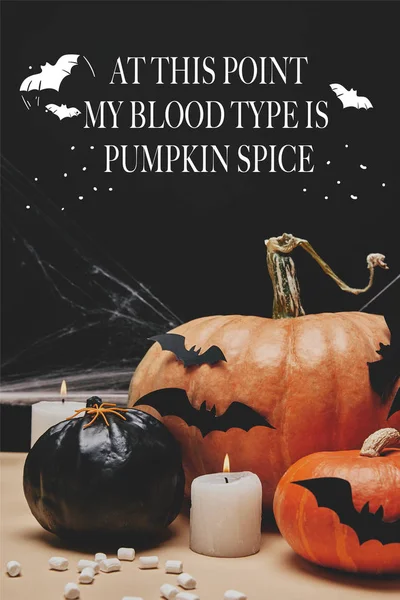 Papierfledermäuse und Spinnen auf Halloween-Kürbissen mit dem Schriftzug 