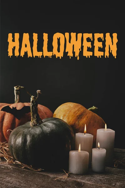 Pumpkins, black paper bat and candles on table with 