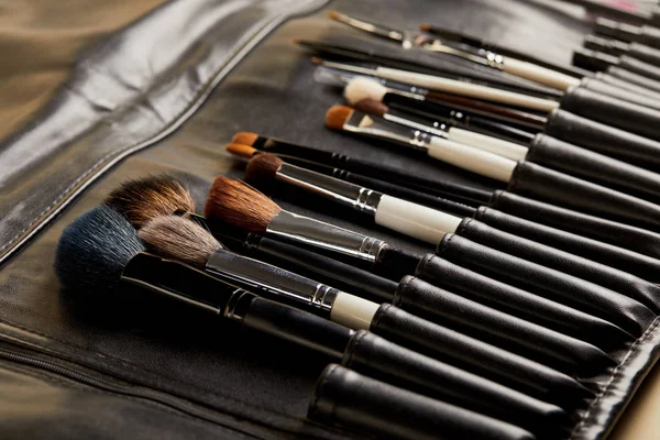 Close-up shot of leather holder with professional makeup brushes — Stock Photo