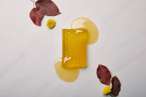 Vista superior de sabão em forma de favo de mel com dentes-de-leão e folhas na superfície de mármore branco — Fotografia de Stock