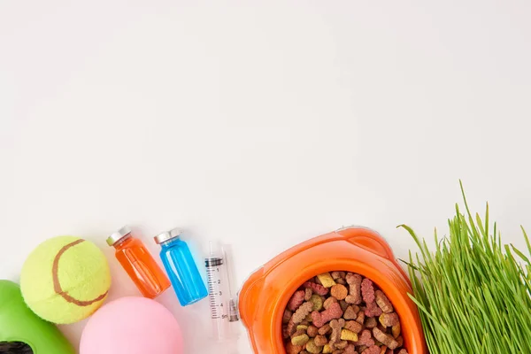 Vista superior de bolas, grama, tigela de plástico com alimentos para cães, seringa e frascos coloridos com medicamentos na superfície branca — Fotografia de Stock