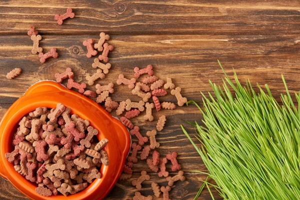 Vue du dessus du bol en plastique avec pile de nourriture pour chien près de l'herbe sur fond en bois — Photo de stock