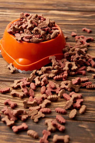 Selective focus of plastic bowl with pile of dog food on wooden table — Stock Photo