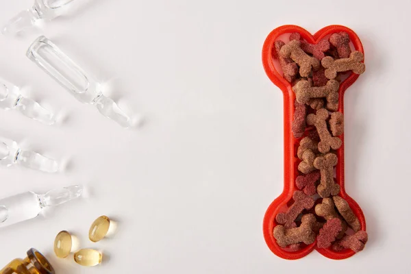 Vue de dessus de l'os en plastique avec nourriture pour chien, pilules et ampoules avec liquide médical sur surface blanche — Photo de stock