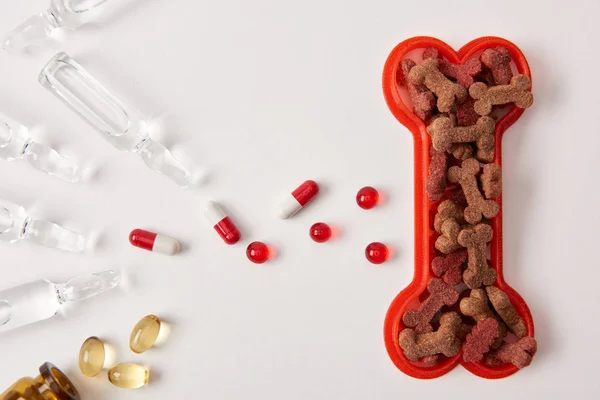 Vista elevada de hueso plástico con comida para perros, varias píldoras y ampollas con líquido médico en la superficie blanca - foto de stock