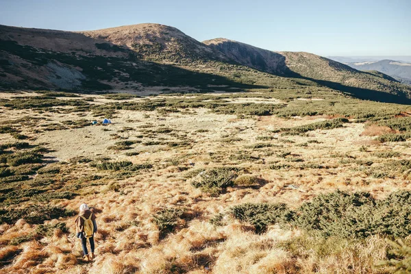 Rear view of woman standing on beautiful mountain valley, Carpathians, Ukraine — Stock Photo
