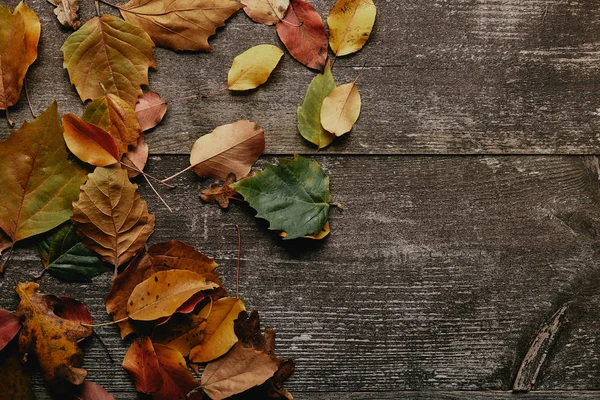 Posa piatta con foglie colorate cadute sulla superficie di legno — Foto stock