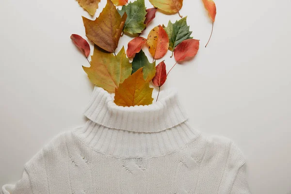 Top view of white woolen sweater and fallen leaves arranged on white surface — Stock Photo