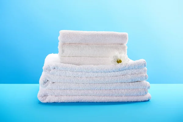 Beautiful chamomile flower on pile of clean white towels on blue — Stock Photo