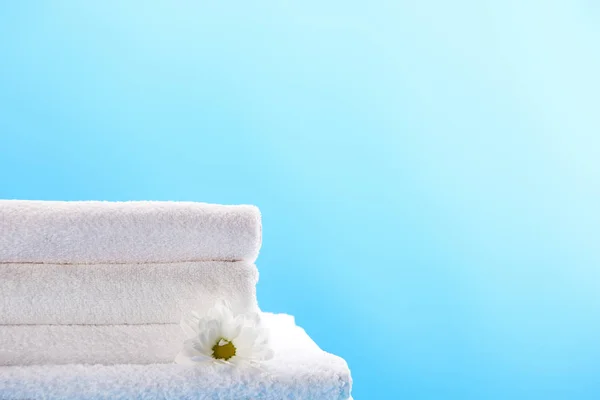 Beautiful chamomile flower on pile of clean white towels isolated on blue — Stock Photo