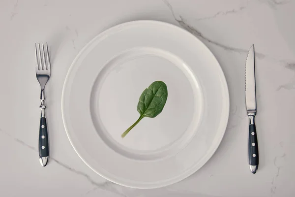 Пустая тарелка с вилкой и ножом со шпинатным листом на белом мраморном фоне, концепция здоровья и диеты — стоковое фото