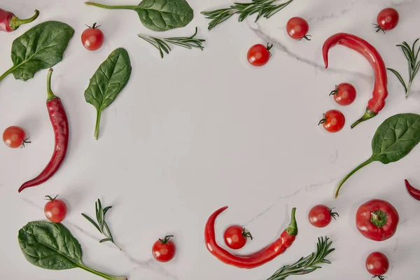 Flacher Liegerahmen mit frischem Gemüse und Kräutern auf weißem Hintergrund — Stockfoto