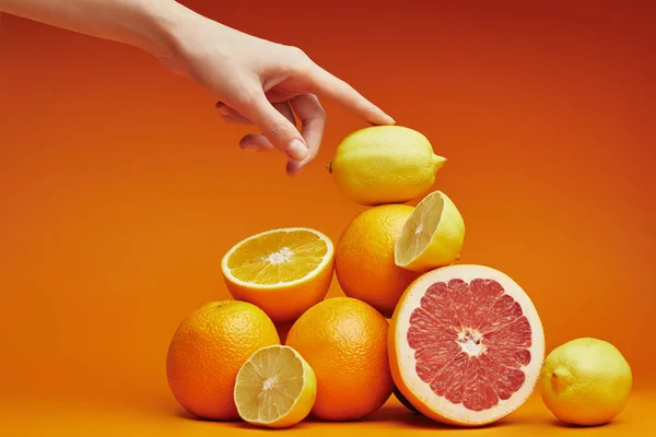 Abgeschnittene Aufnahme einer Person, die einen Haufen frischer reifer Zitrusfrüchte auf Orange berührt — Stockfoto