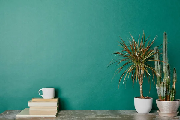 Plantas em vasos de flores e xícara de café em livros sobre fundo verde — Fotografia de Stock
