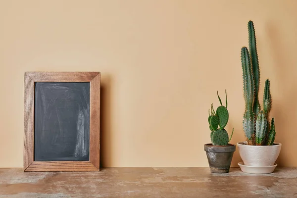 Cactuses and wooden photo frame on dusty table on beige background — Stock Photo