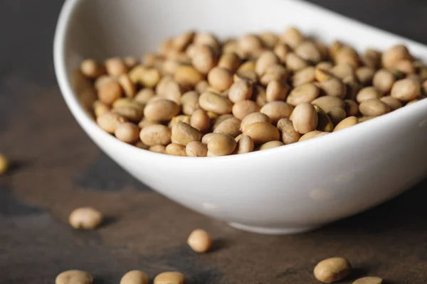 Selective focus of soybean in white bowl on table — Stock Photo