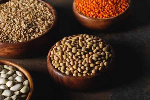 Soja, lentejas y grañones de avena en cuencos de madera sobre mesa - foto de stock